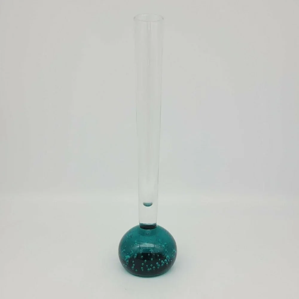 Vintage Teal Bubble Base Blown Glass Vase Narrow Mid Century Modern Smooth 8